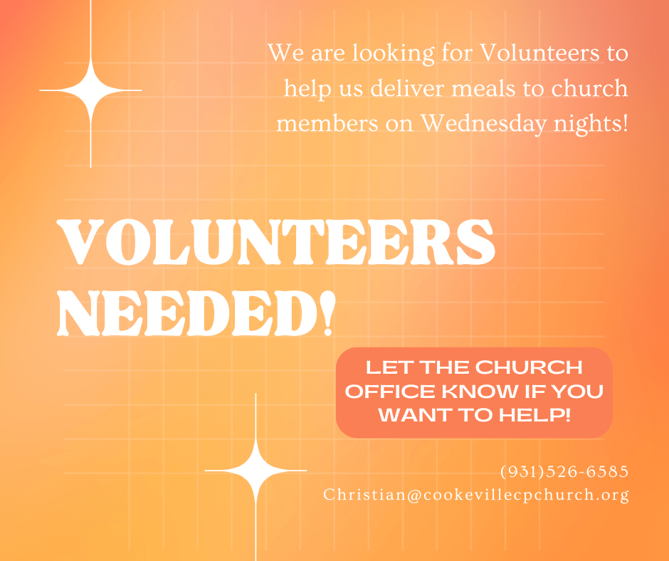 volunteers needed to deliver meals on Wednesday evenings.